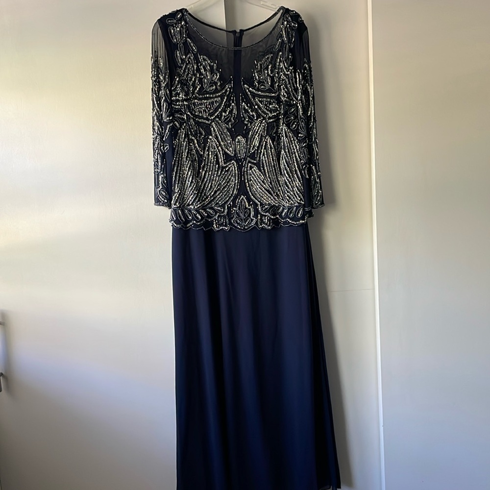 PISARRO NIGHTS Bead Embellished Flowy Evening Gown 16 Sequined Mother of Bride